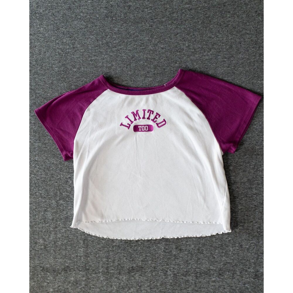 Limited Too Raglan Baby Tee White Purple Embroidered Logo Top L Juniors